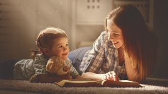 A mother and daughter learning and reading together 